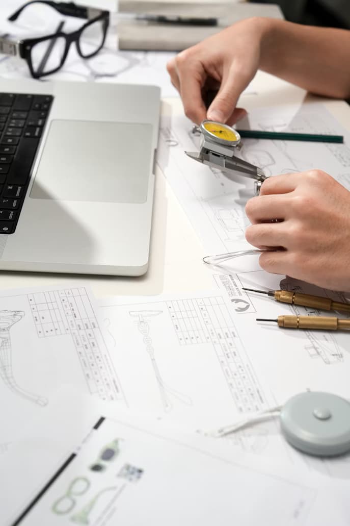 Calipers and technical blueprint used for precision measurement